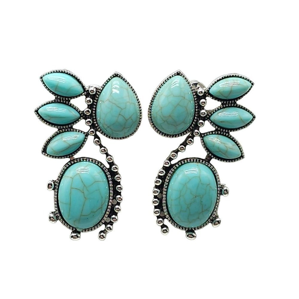 Blue Faux Turquoise Boho Earrings Post Back Closure Silver Tone Vintage